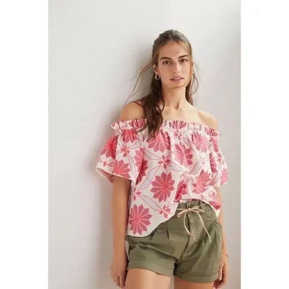 Anthropologie Maeve pink and white embroidered off the shoulder top‎ Size SP